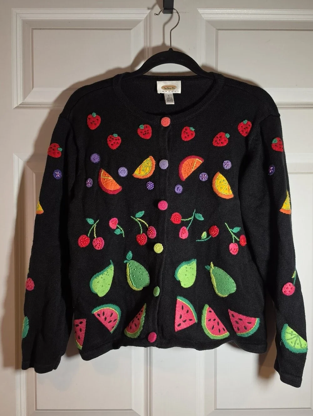 Talbots Petites Vintage Fruit Embroidered Beaded Cardigan Sweater Colorful